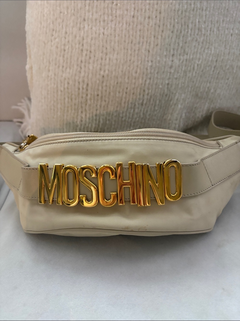 Moschino Cream Crossbody Belt Bag with Gold Logo